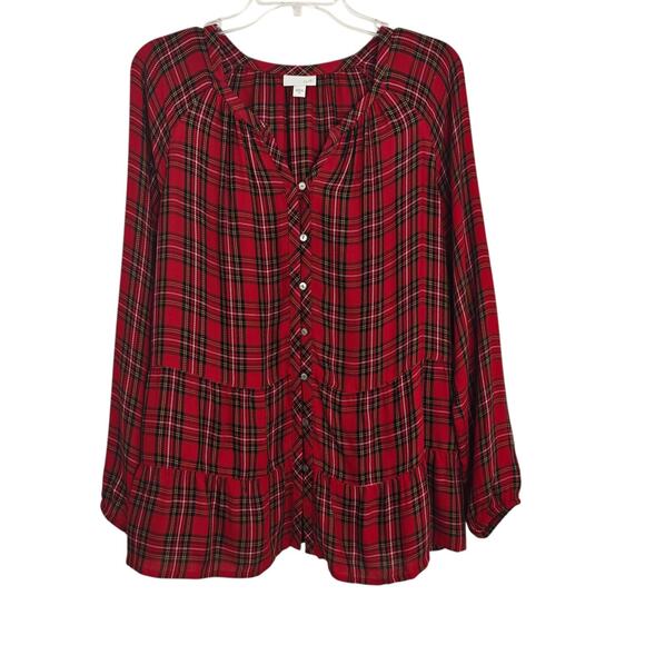 J Jill Tartan Plaid Top Size Medium Red Button Up Long Sleeve Ruffle Tiered - Picture 2 of 11
